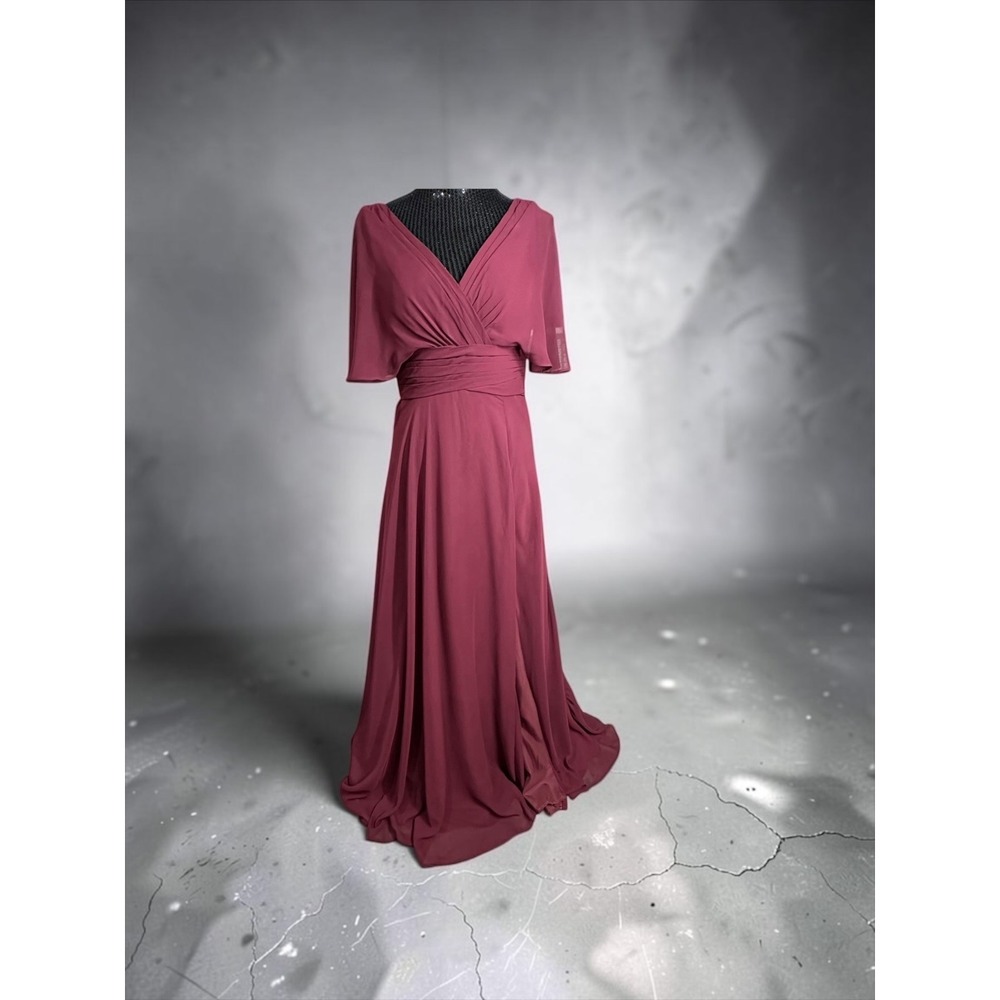 Azazie Maxi Dress Women A8 Burgundy Fair Flutter Sleeve Pleated V-Neck Gown-READ